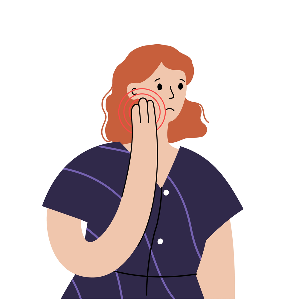 Woman touching her cheek, with red rings indicating pain or discomfort on the face (cartoon illustration).