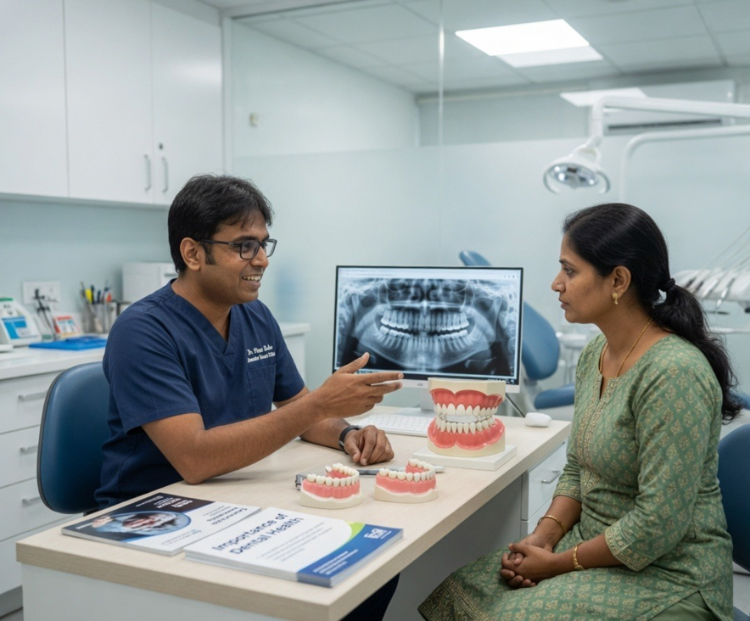 Dentist explains a dental X-ray to a patient, with tooth models on the desk.