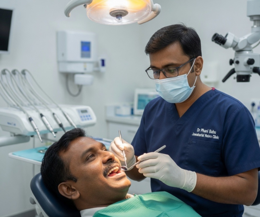 Dentist in mask and gloves treats a patient in a dental chair under an overhead light; instruments in hand.