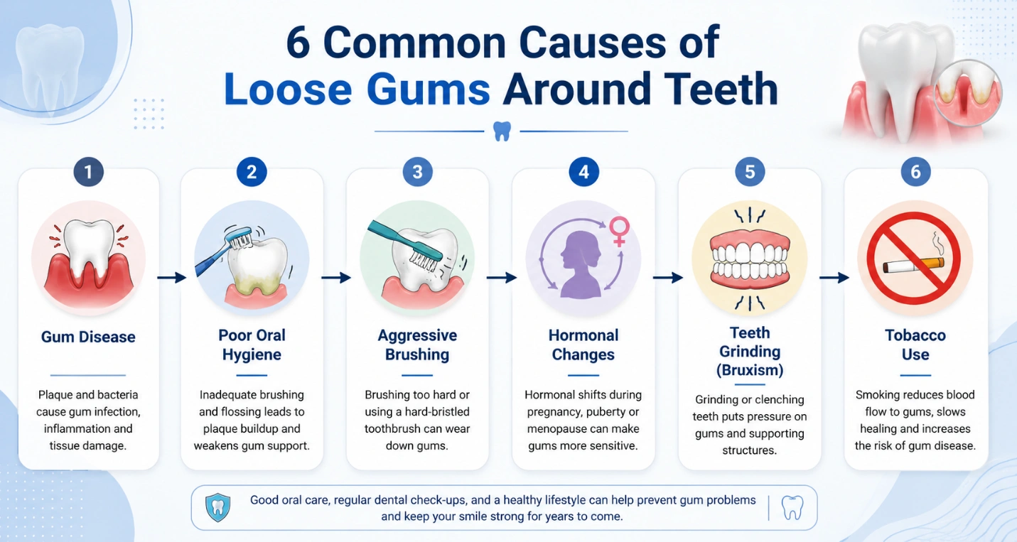 Infographic showing six causes of loose gums around teeth: Gum Disease, Poor Oral Hygiene, Aggressive Brushing, Hormonal Changes, Teeth Grinding, and Tobacco Use.
