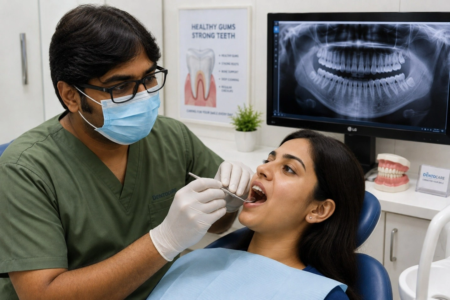 Dentist in a mask and gloves uses a dental tool to examine a patient lying in a chair in a clinic, with an X-ray image on a computer monitor behind them.
