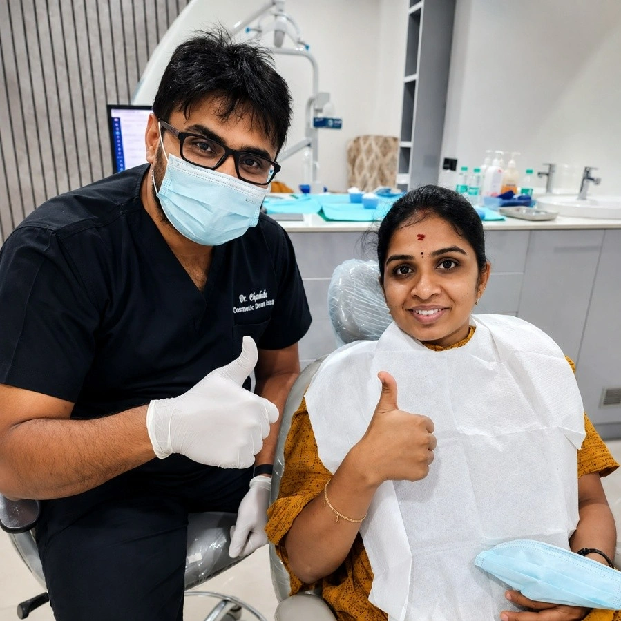 Dentist in scrubs and mask giving a thumbs up beside a smiling patient in a dental chair at a clinic.